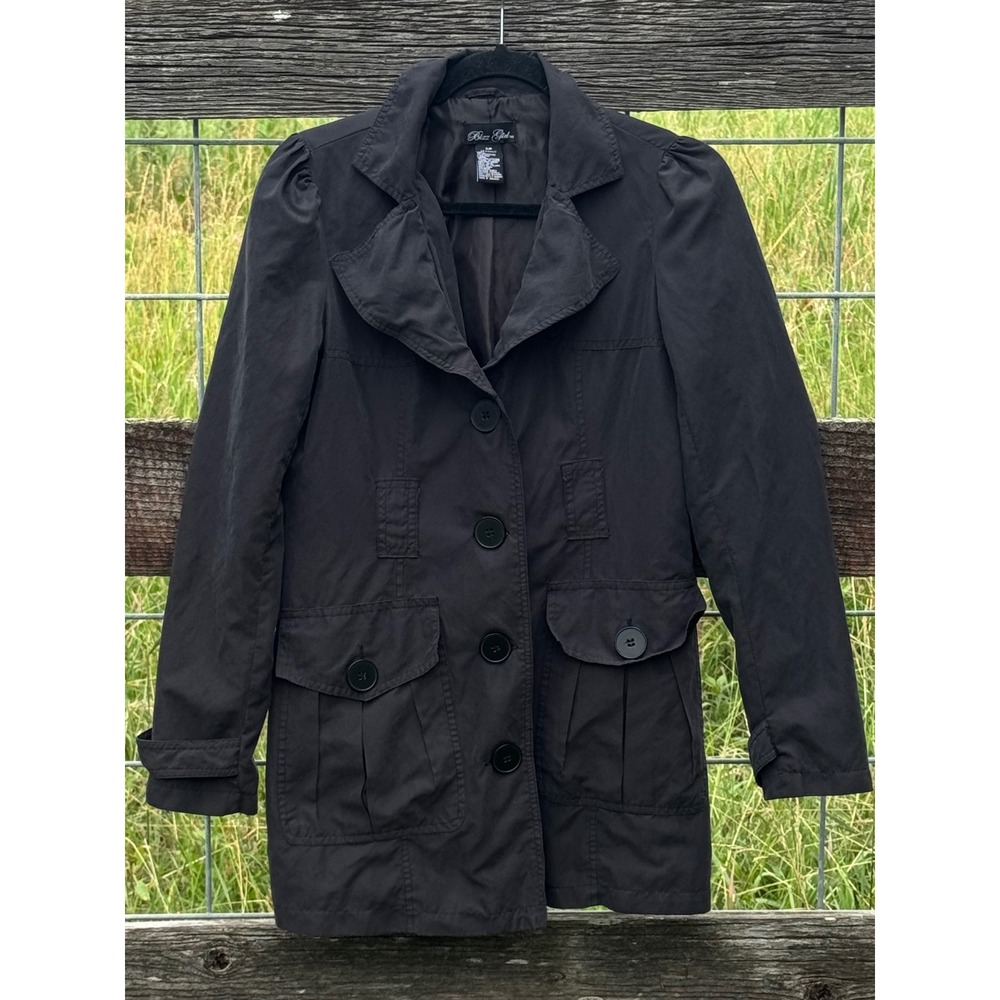 Bizz Girl Womens Black Button Front Utility Trench Jacket Puff Shoulder Size S/P